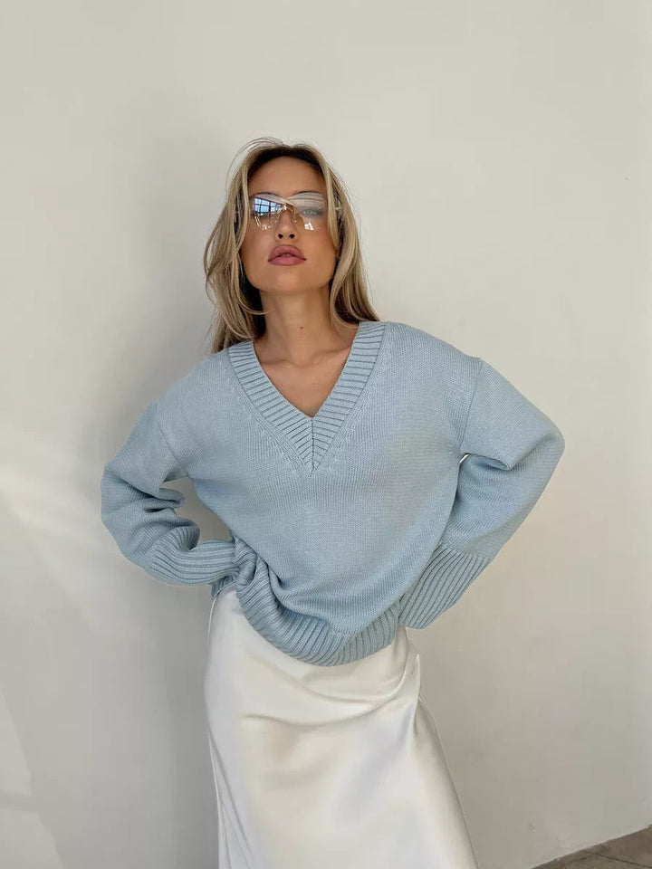 Pull femme col en V coton décontracté