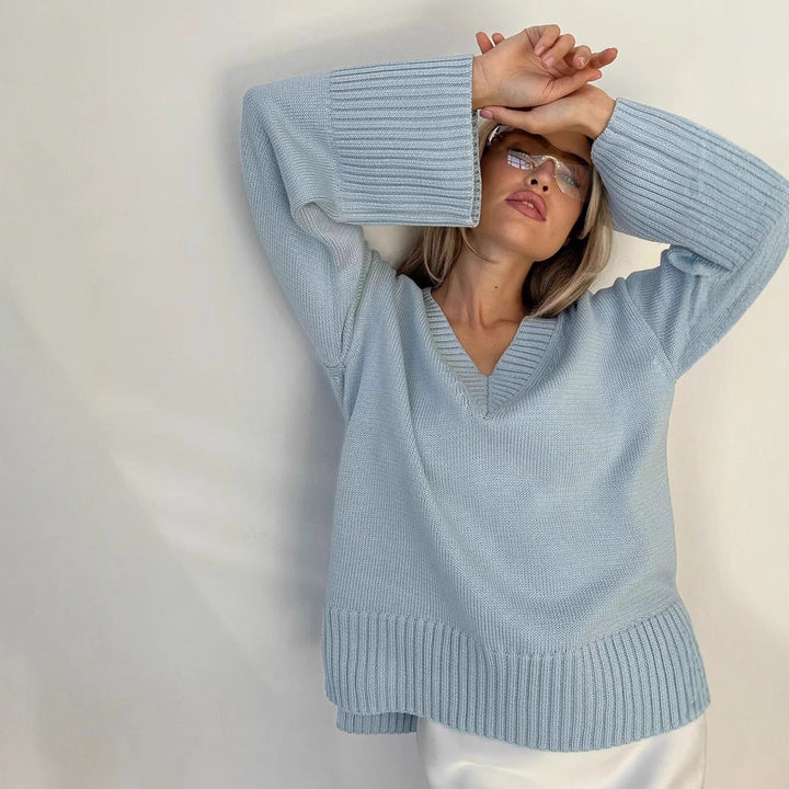 Pull femme col en V coton décontracté