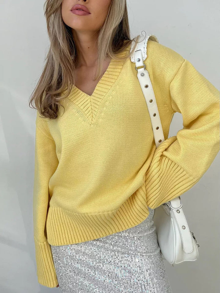 Pull femme col en V coton décontracté