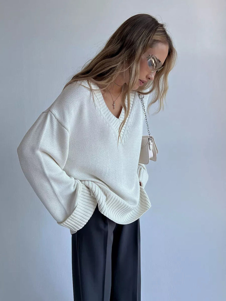 Pull femme col en V coton décontracté