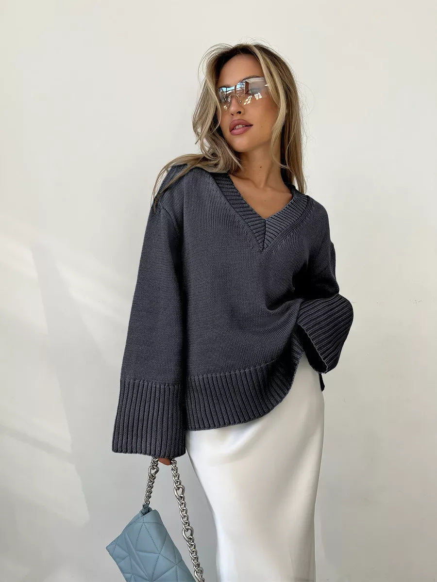 Pull femme col en V coton décontracté