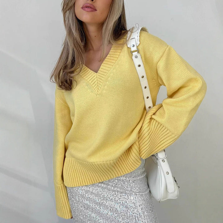 Pull femme col en V coton décontracté