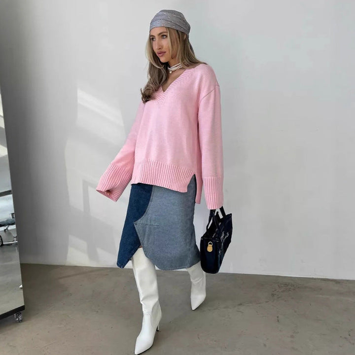 Pull femme col en V coton décontracté