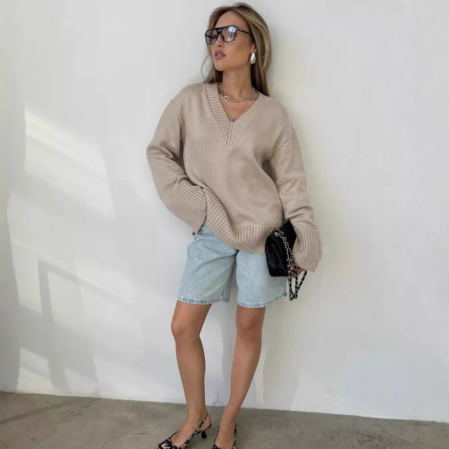 Pull femme col en V coton décontracté