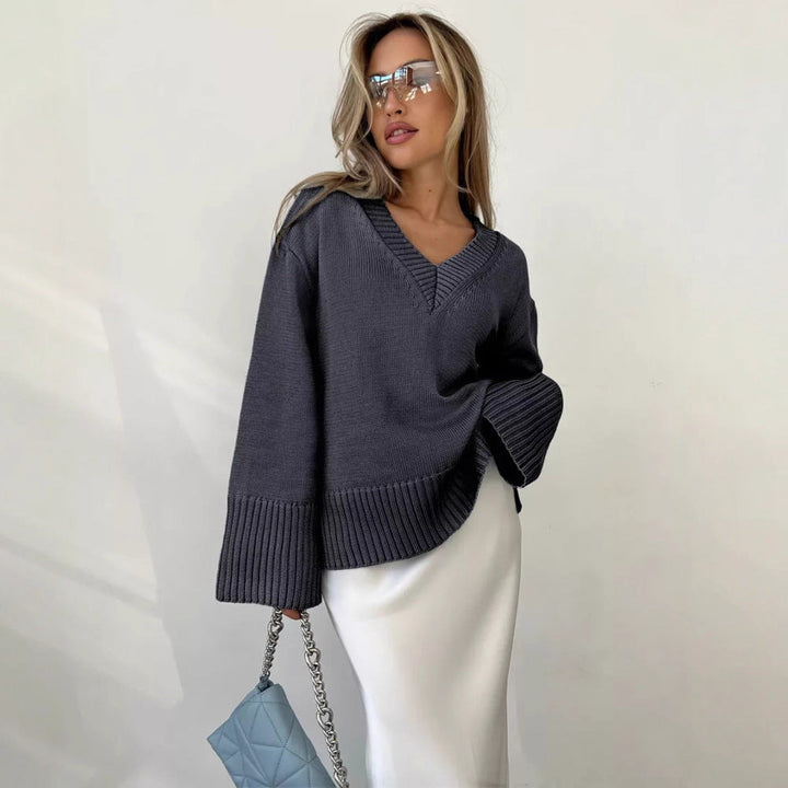 Pull femme col en V coton décontracté
