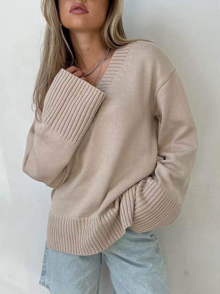 Pull femme col en V coton décontracté