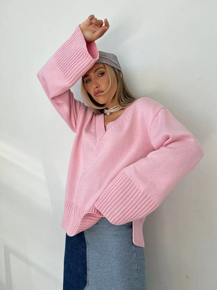 Pull femme col en V coton décontracté