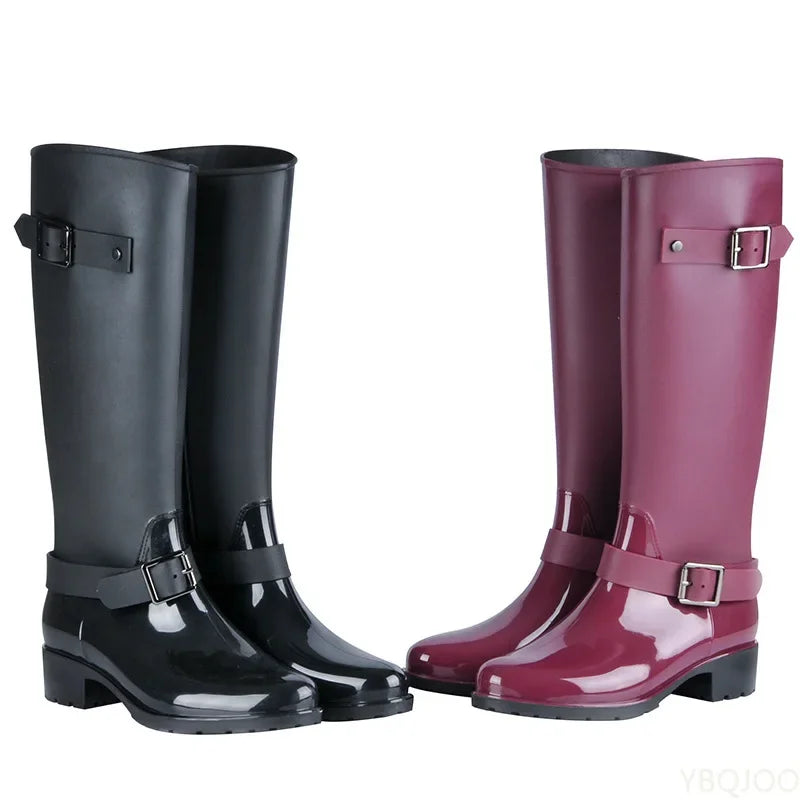 Damen Regenstiefel Hoch Gummi Mit Blockabsatz und Rutschfester Sohle