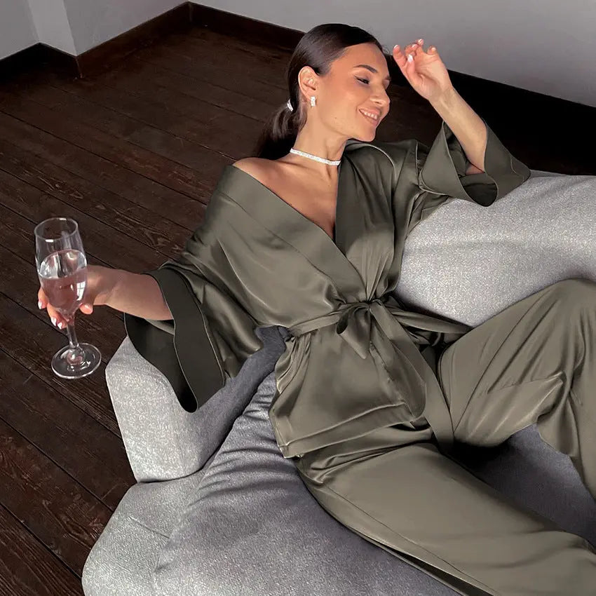 Damen Schlafanzug Satin Look Kimono – Eleganter Pyjama für Komfort und Stil