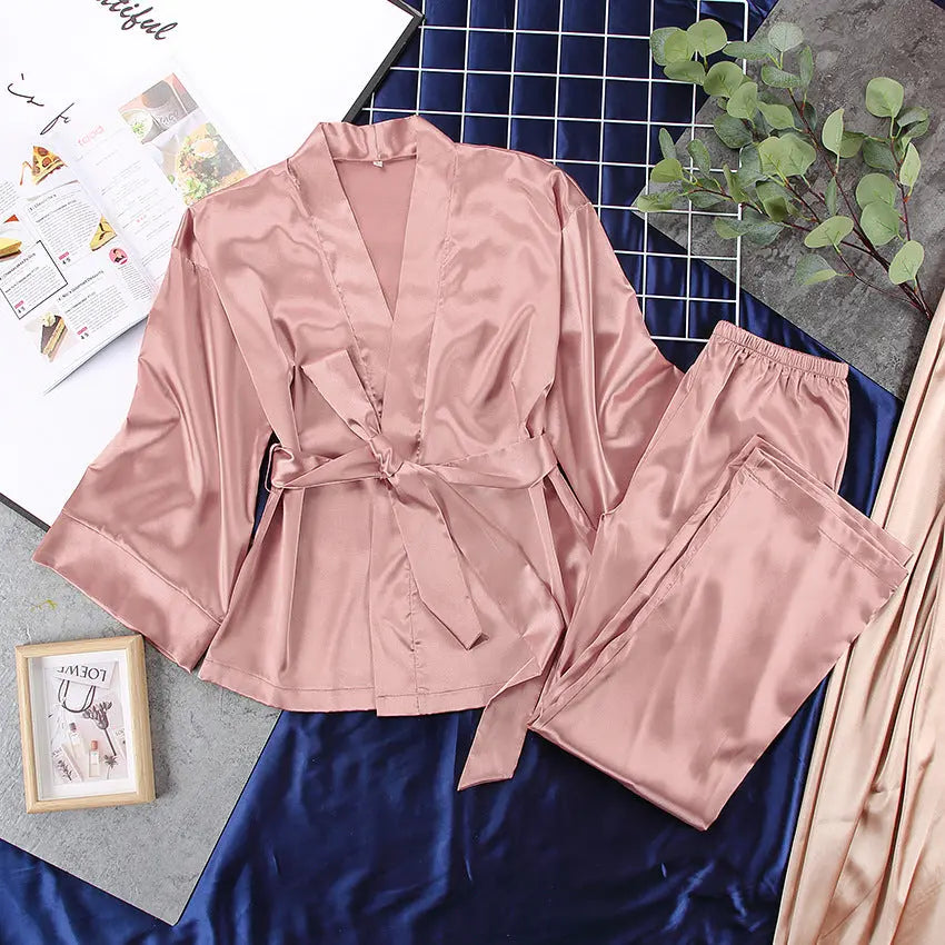 Damen Schlafanzug Satin Look Kimono – Eleganter Pyjama für Komfort und Stil