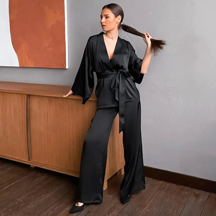 Damen Schlafanzug Satin Look Kimono – Eleganter Pyjama für Komfort und Stil
