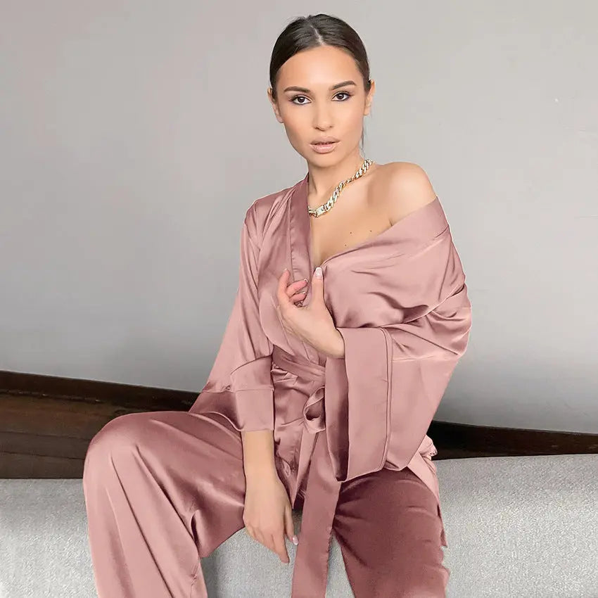 Damen Schlafanzug Satin Look Kimono – Eleganter Pyjama für Komfort und Stil