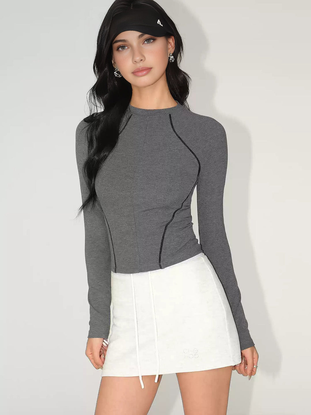 Women's slim jersey top cotton with contrast piping long sleeve