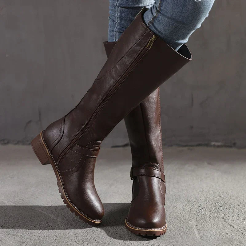 Damen Stiefel Hochwertiges Leder Kniehoch mit Schnallendetails