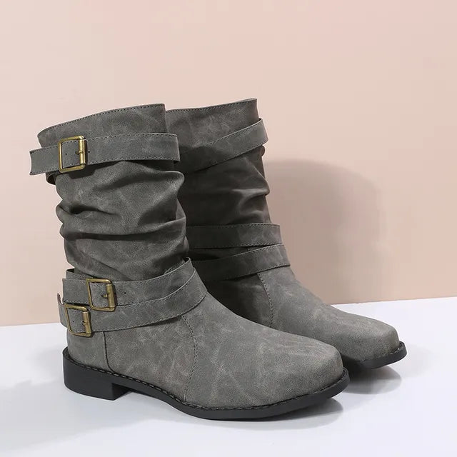 Damen Stiefel Mittlere Wadenhöhe mit Schnallendetails und Niedrigem Absatz
