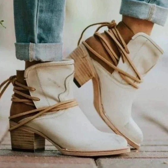 Damen Stiefeletten Leder Vintage Stil mit Schnürung und Blockabsatz