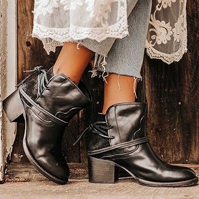 Damen Stiefeletten Leder Vintage Stil mit Schnürung und Blockabsatz