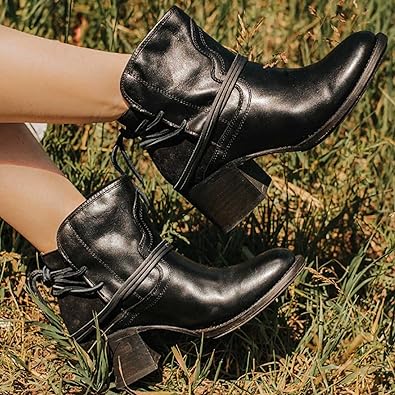 Damen Stiefeletten Leder Vintage Stil mit Schnürung und Blockabsatz