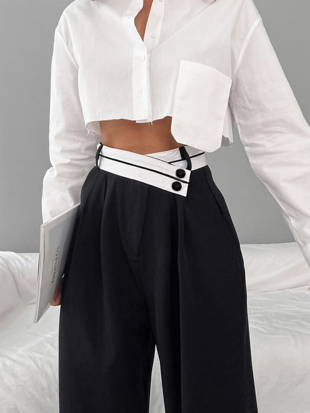 Women's fabric pants wide leg with asymmetrical waistband