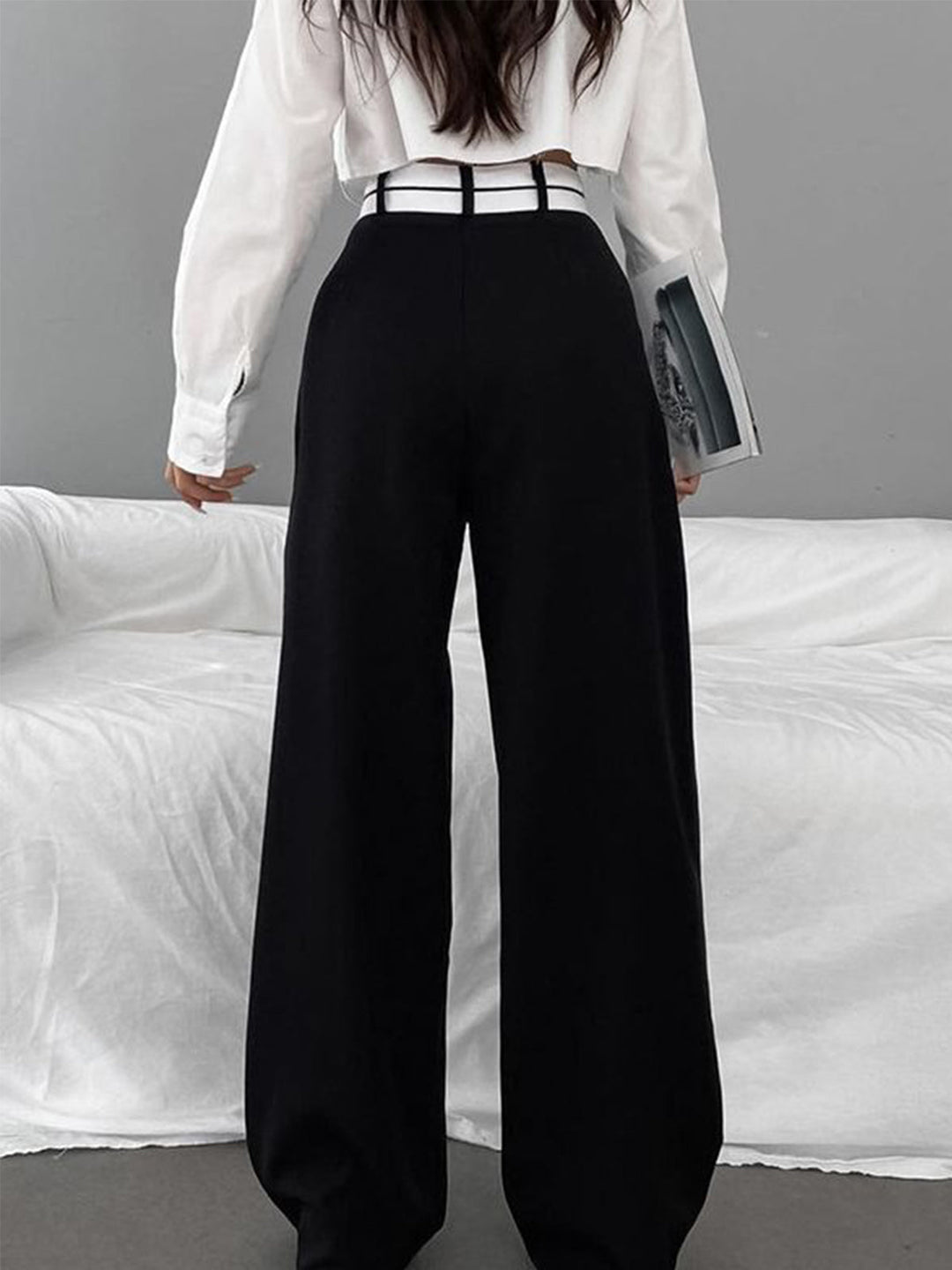Women's fabric pants wide leg with asymmetrical waistband