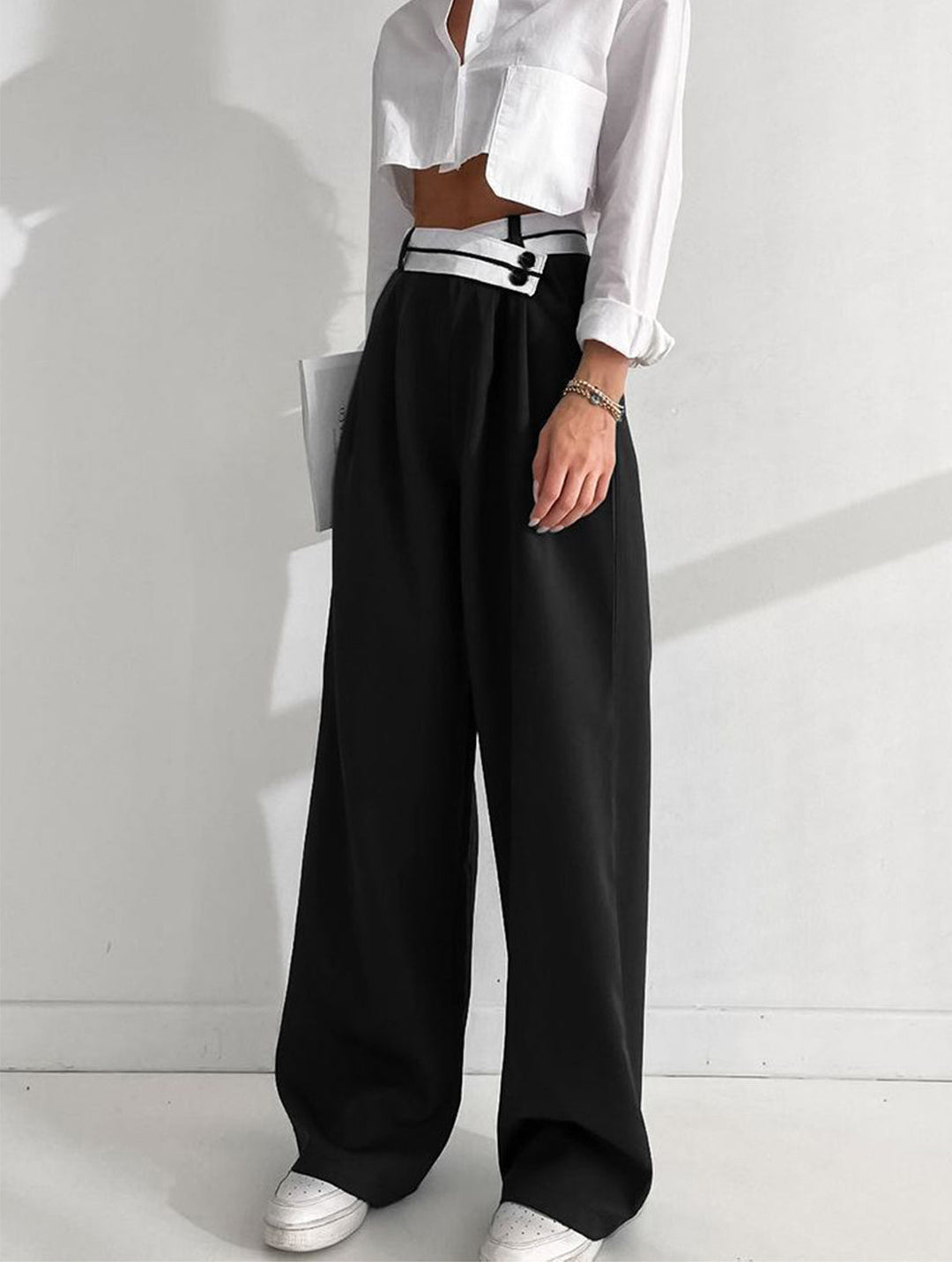 Women's fabric pants wide leg with asymmetrical waistband