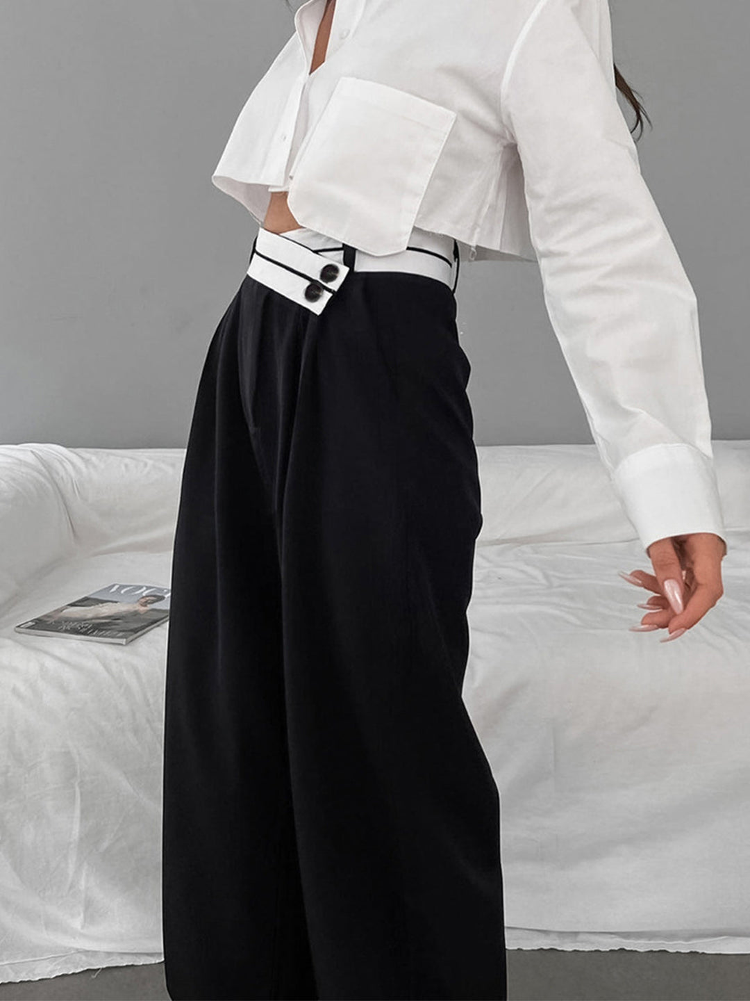 Women's fabric pants wide leg with asymmetrical waistband