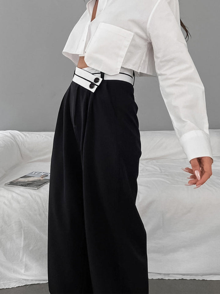 Women's fabric pants wide leg with asymmetrical waistband