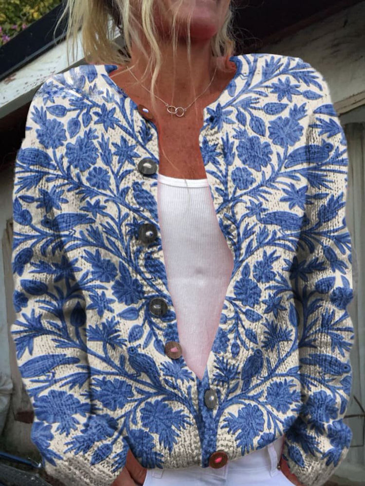Damen Strickjacke Baumwolle Blumenmuster Langarm Elegant
