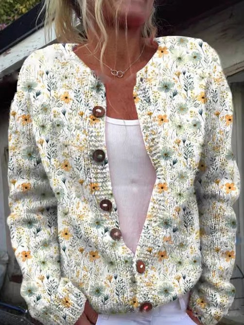 Damen Strickjacke Baumwolle Blumenmuster Langarm Elegant