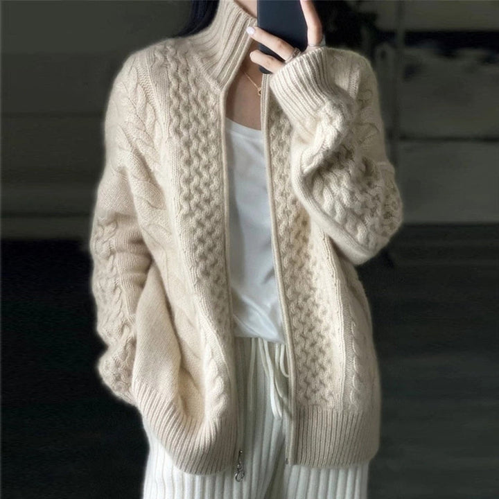 Damen Strickjacke Hochwertige Strickware Mit Stehkragen und Reißverschluss