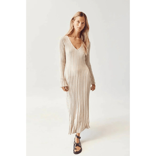Damen Strickkleid Lang V-Ausschnitt Modernes Design