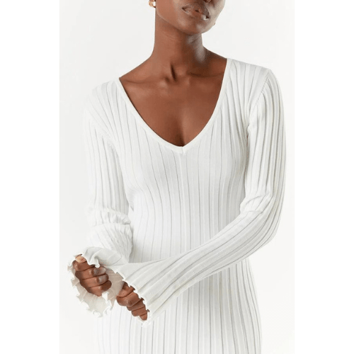 Damen Strickkleid Lang V-Ausschnitt Modernes Design