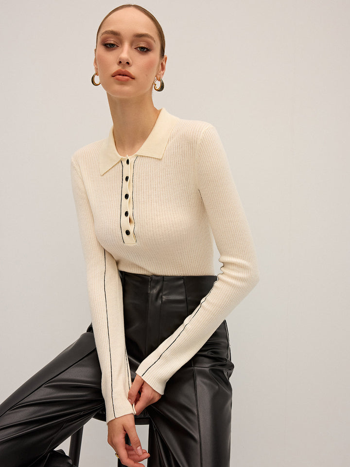 Damen Strickoberteil Polo – Gerippt, Wollmischung, Elegant & Dehnbar