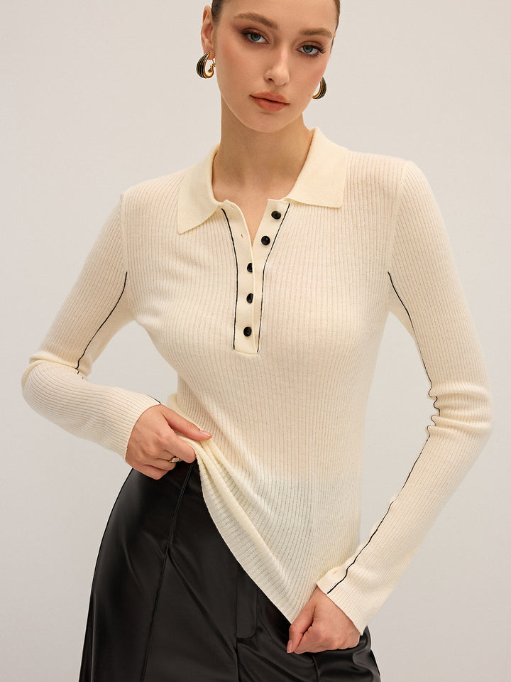 Damen Strickoberteil Polo – Gerippt, Wollmischung, Elegant & Dehnbar
