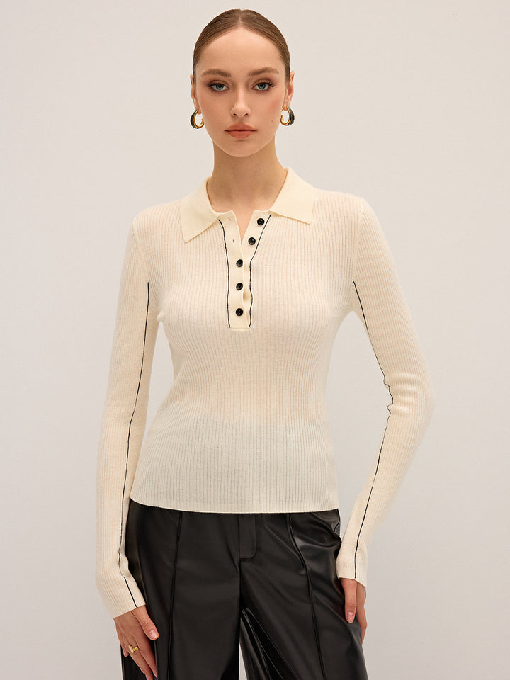 Damen Strickoberteil Polo – Gerippt, Wollmischung, Elegant & Dehnbar