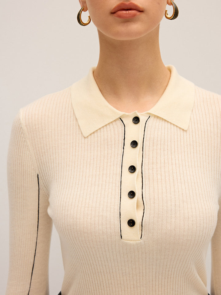 Damen Strickoberteil Polo – Gerippt, Wollmischung, Elegant & Dehnbar