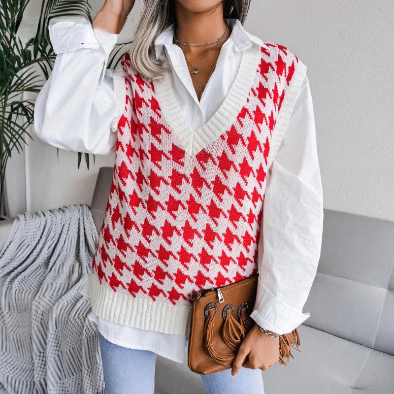 Gilet en tricot sans manches à carreaux pour femmes