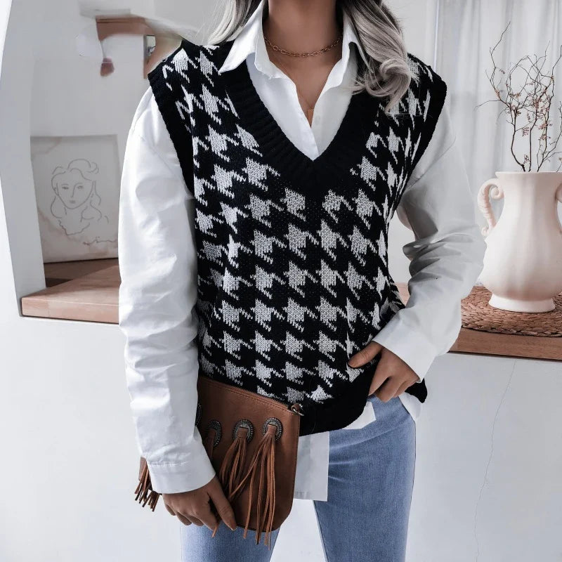 Gilet en tricot sans manches à carreaux pour femmes