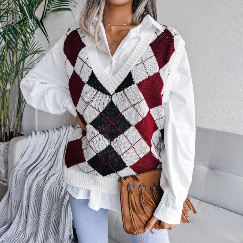 Gilet en tricot sans manches à carreaux pour femmes