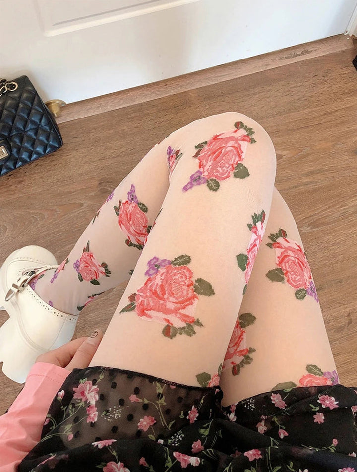 Women's tights with rose pattern vintage style