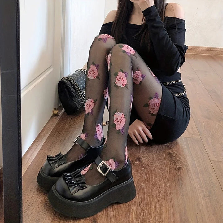 Women's tights with rose pattern vintage style