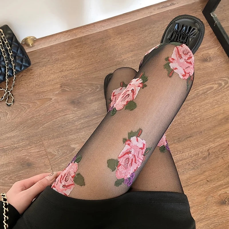 Women's tights with rose pattern vintage style
