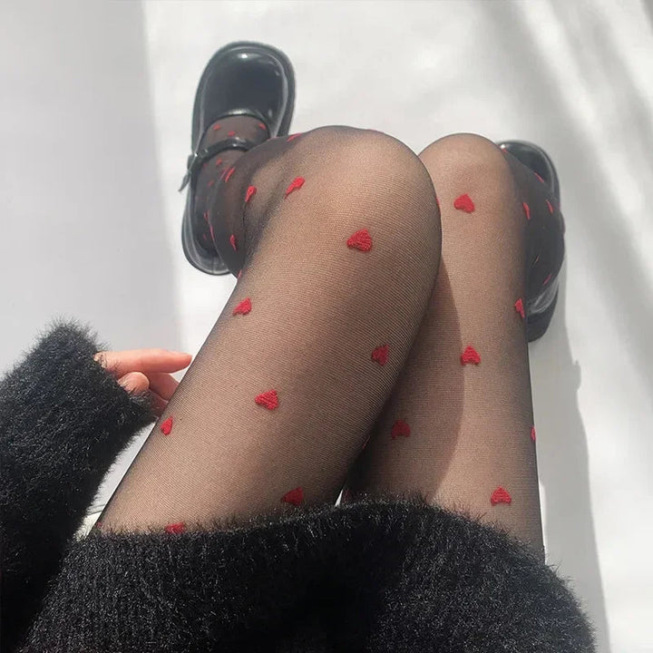 Women's tights with heart and dot pattern, elastic, fashionable
