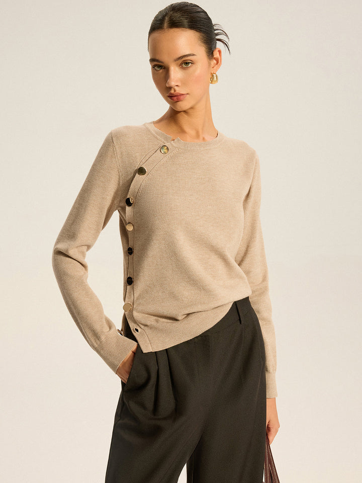 Damen Top Strick Asymmetrisch mit Knopfdesign