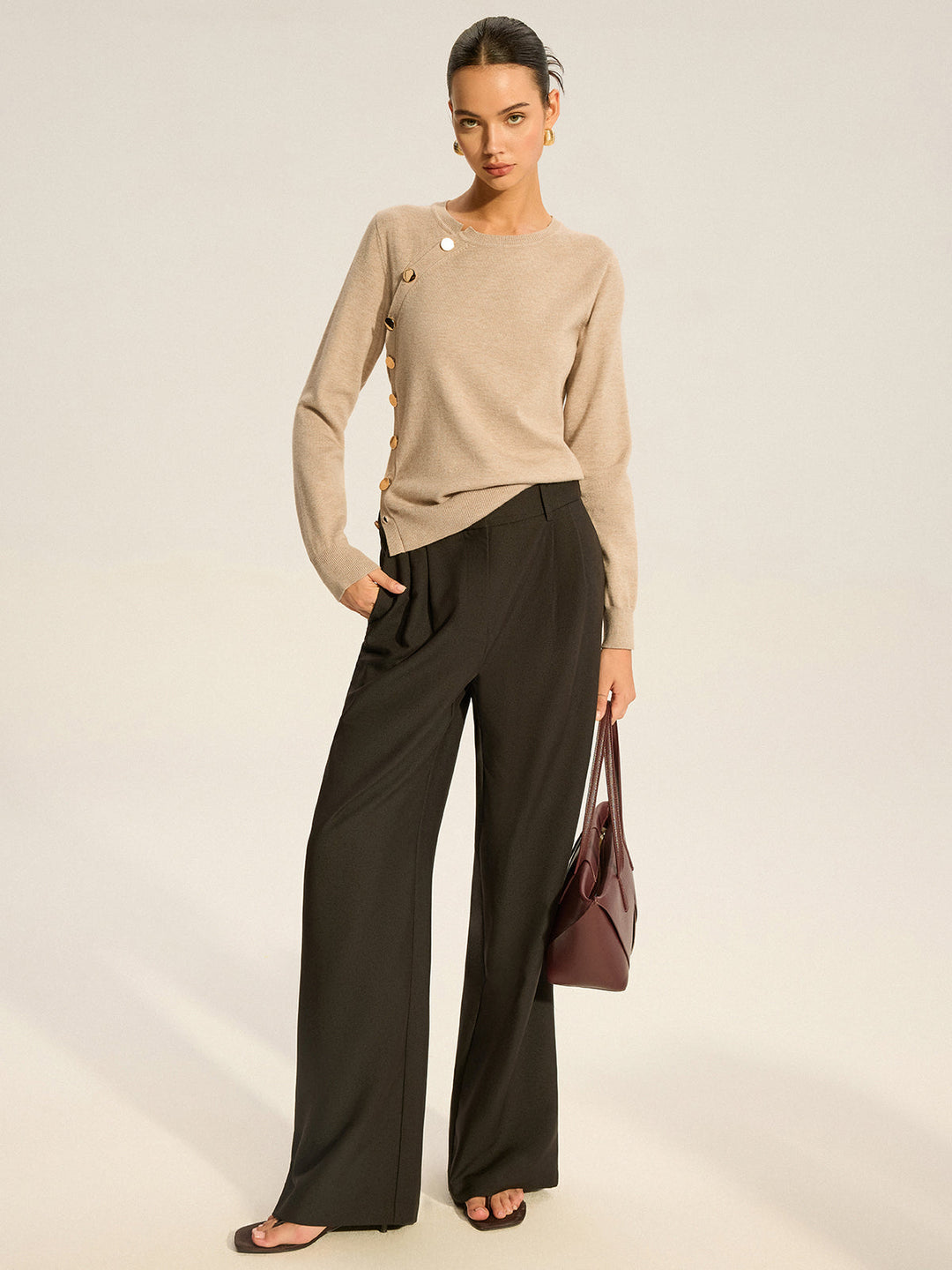 Damen Top Strick Asymmetrisch mit Knopfdesign