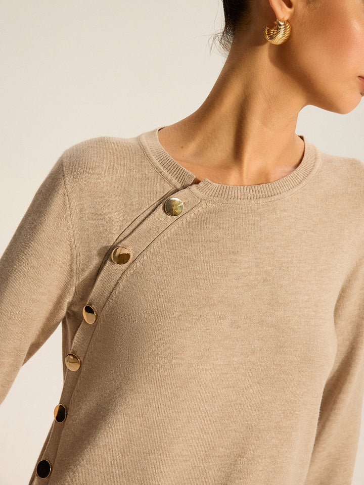 Damen Top Strick Asymmetrisch mit Knopfdesign