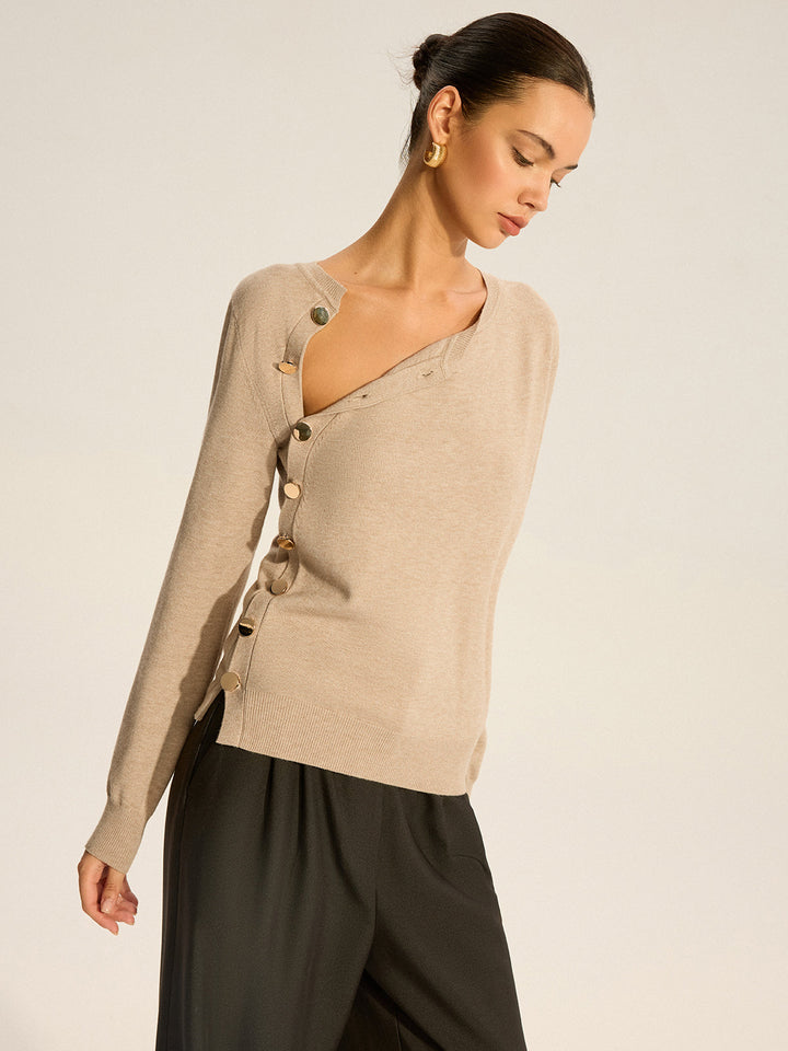 Damen Top Strick Asymmetrisch mit Knopfdesign