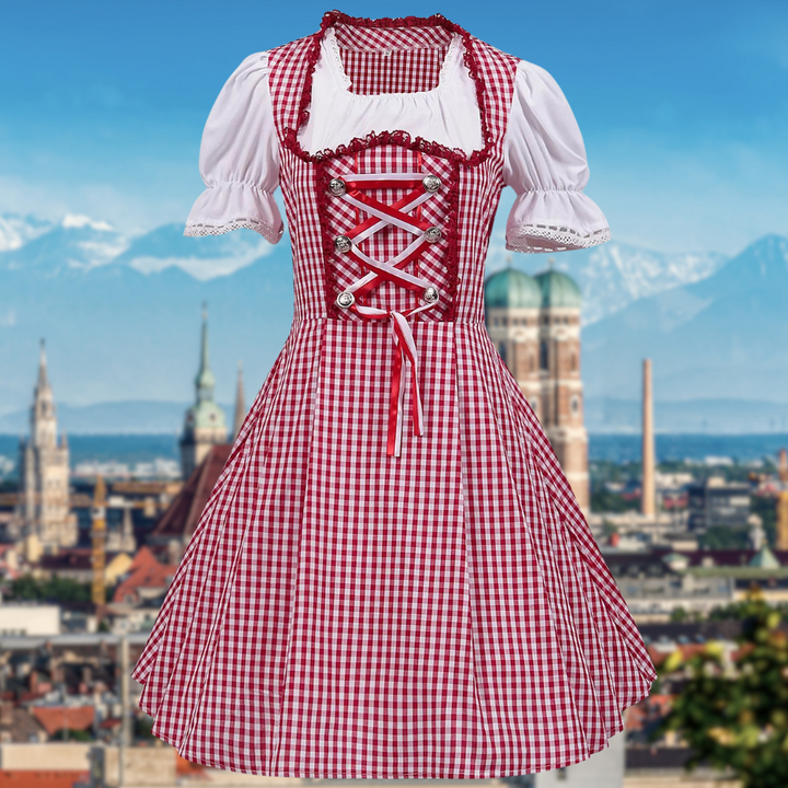 Women's Traditional Cotton Dirndl Dress Checkered Pattern with Ruffles