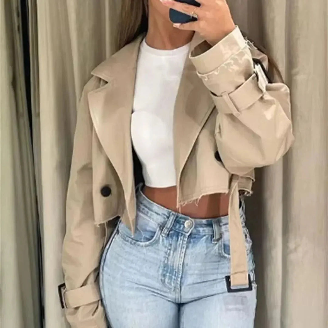 Women's short lightweight tailored trench coat with lapel collar and belt