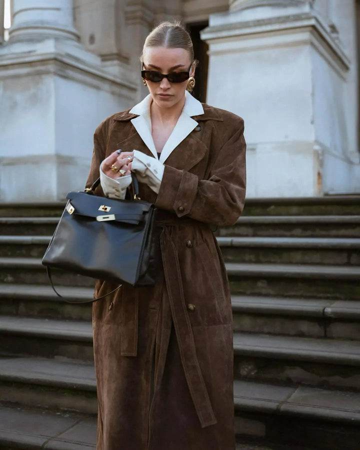 Women's suede trench coat classic elegant cut with belt